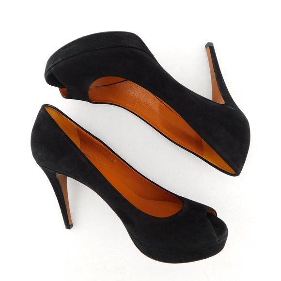 GUCCI Black Suede Leather Peep Toe Platform Heel Pumps 38.5 - Picture 4 of 11